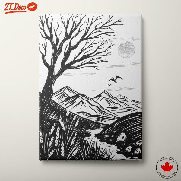 Stylized Abstract Landscape with Tree and Mountains