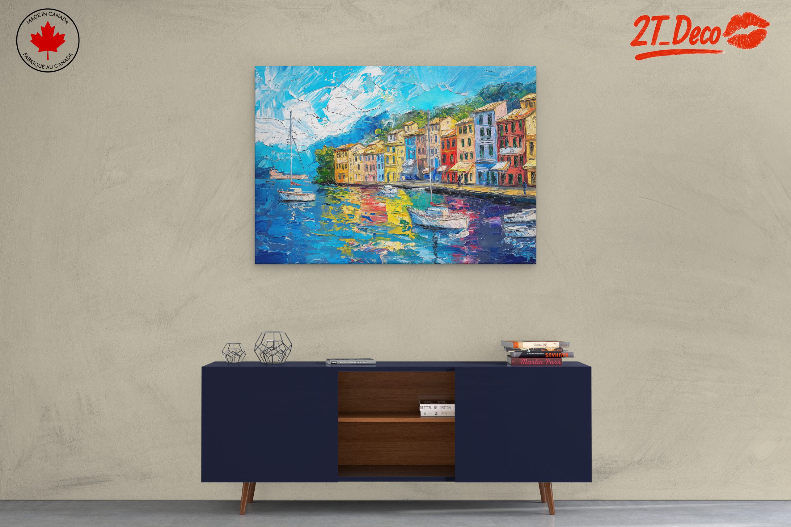 Vibrant Coastal Landscape with Boats - Image 3