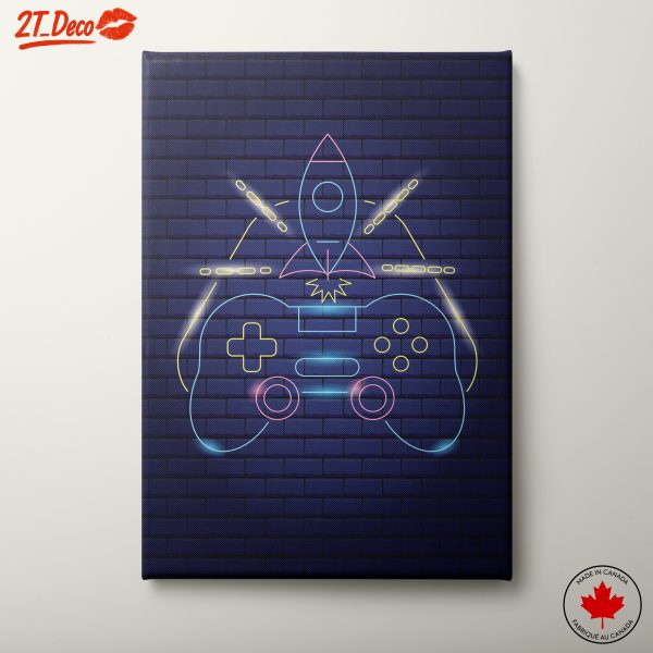 Neon Gaming Inspired Art with Controller and Rocket