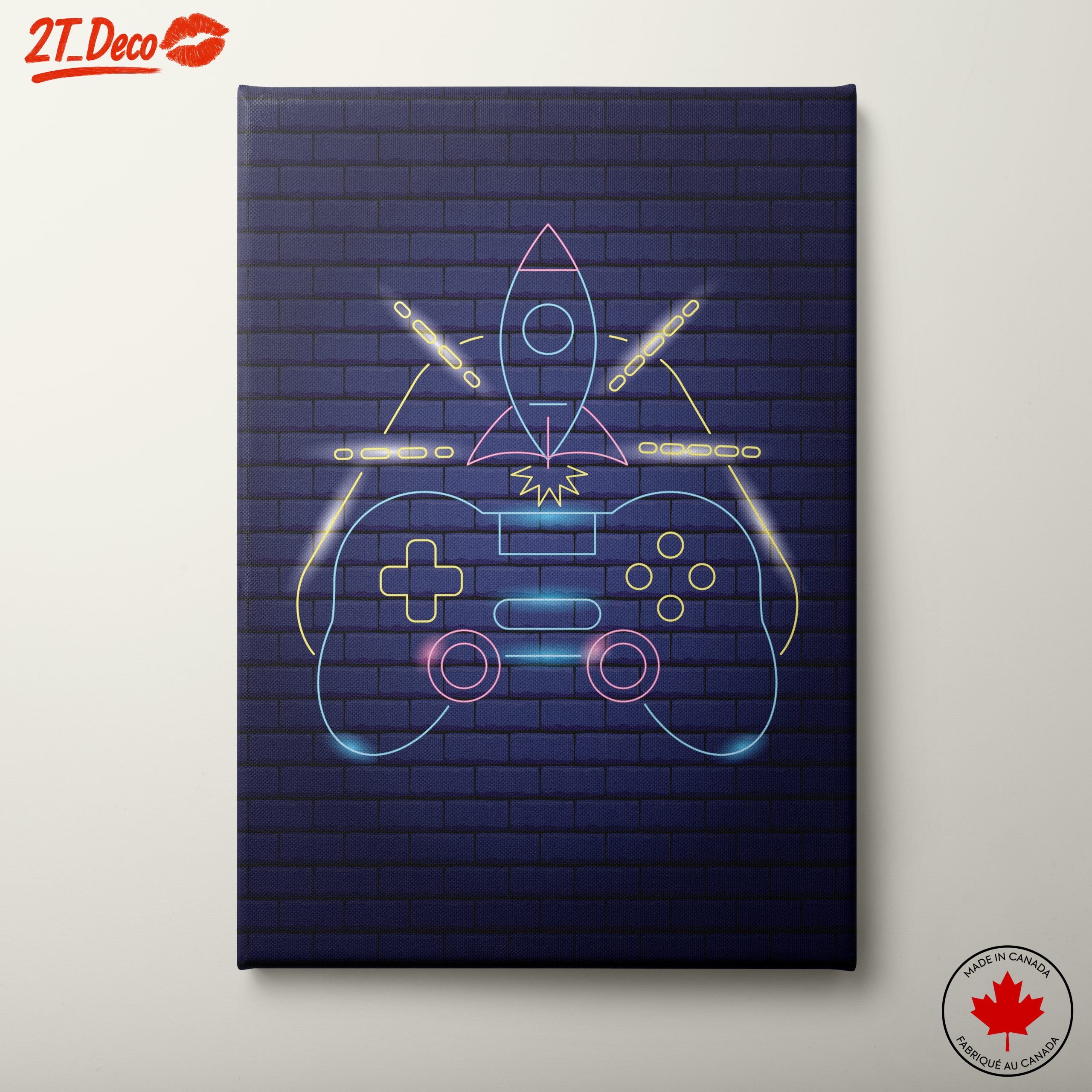 Neon Gaming Inspired Art with Controller and Rocket