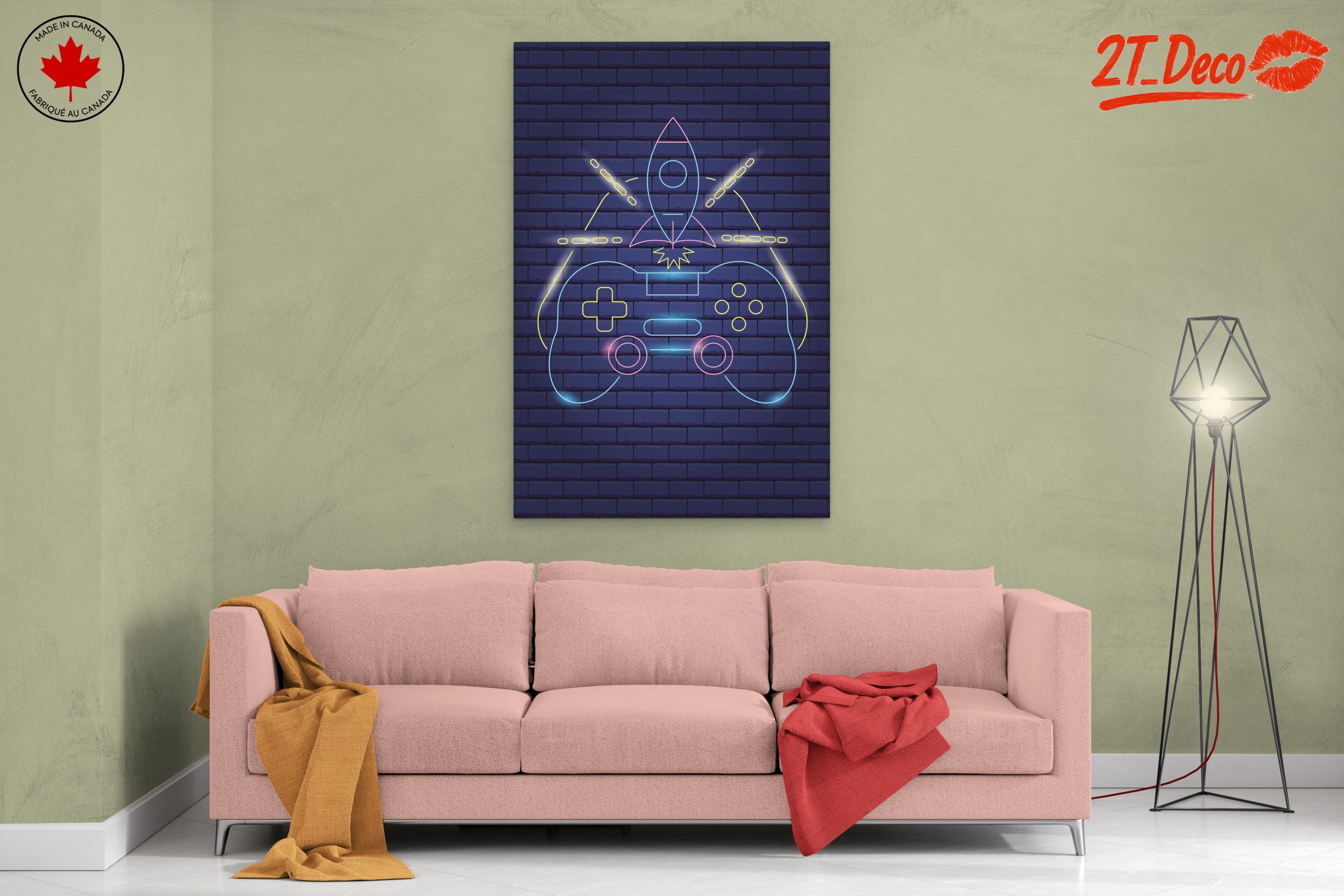 Neon Gaming Inspired Art with Controller and Rocket - Image 2