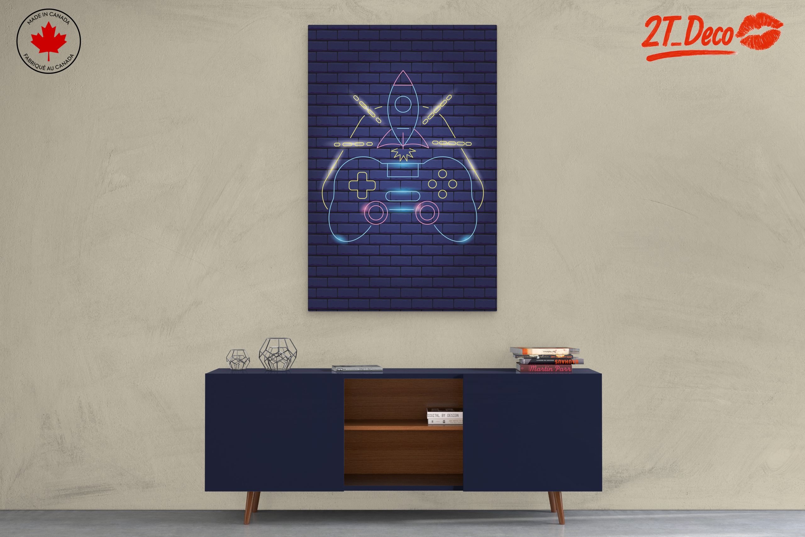 Neon Gaming Inspired Art with Controller and Rocket - Image 3