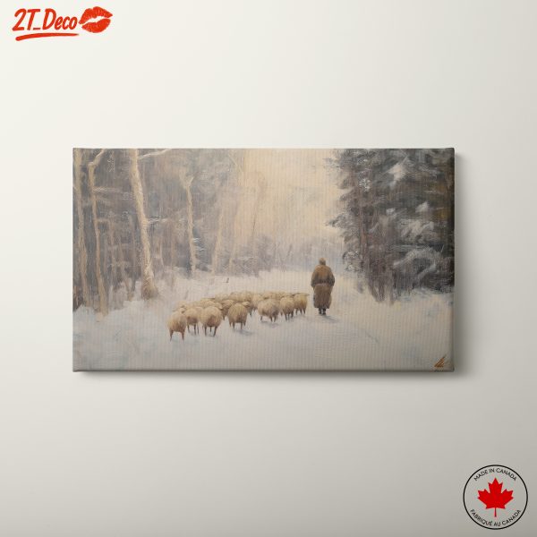 Shepherd Leading Sheep Through Snowy Forest