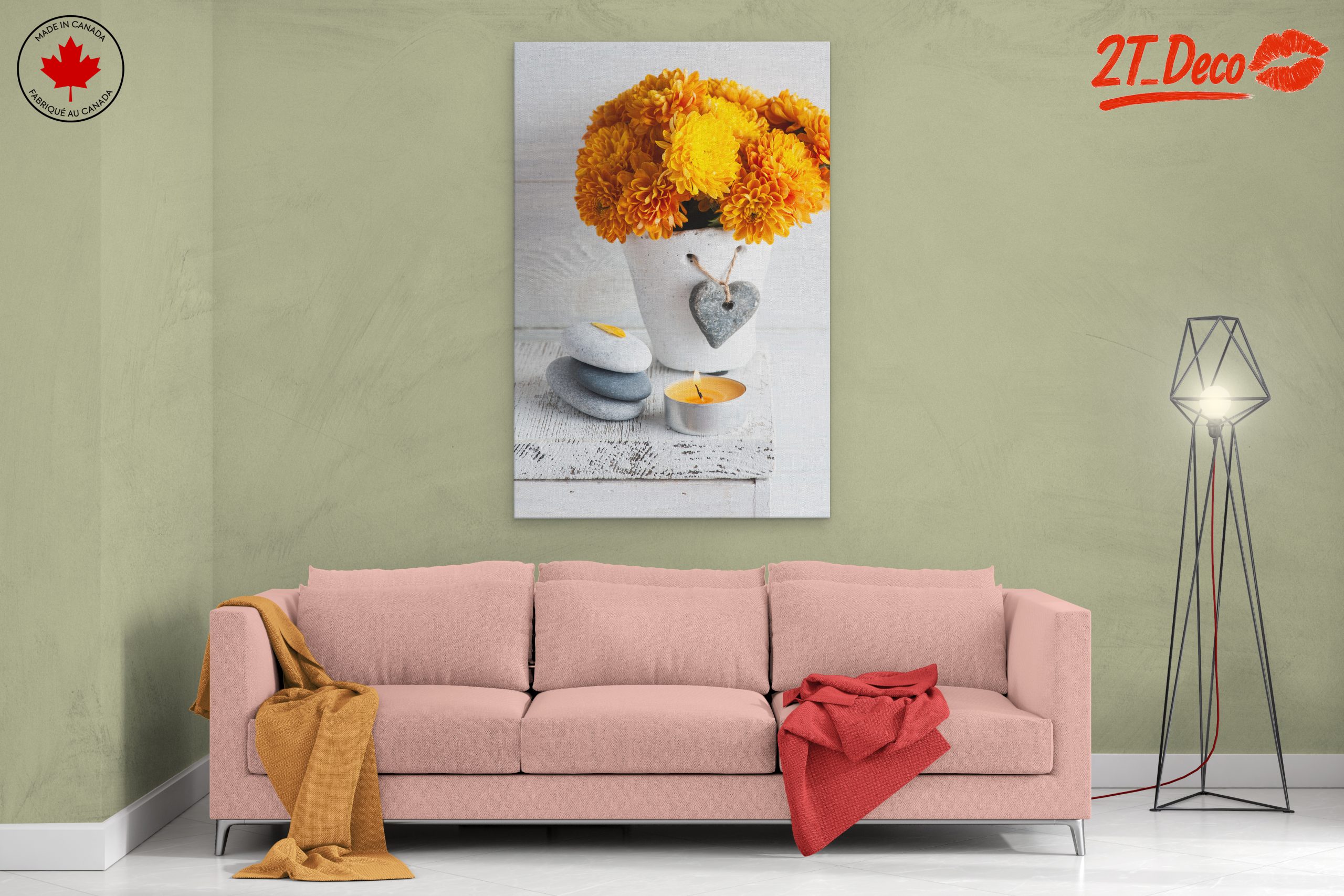 Vibrant Floral Still Life with Candle and Stones - Image 2