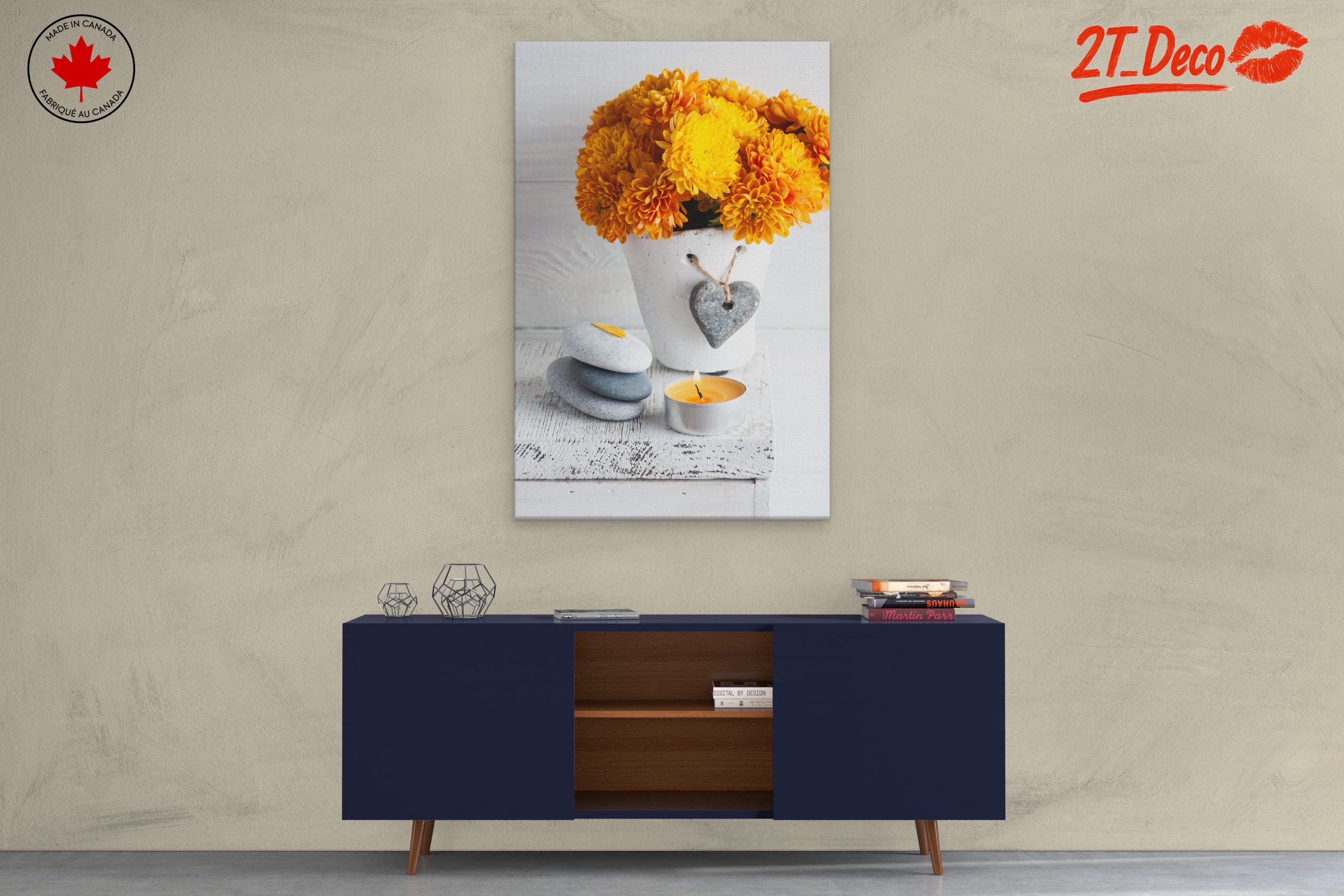 Vibrant Floral Still Life with Candle and Stones - Image 3
