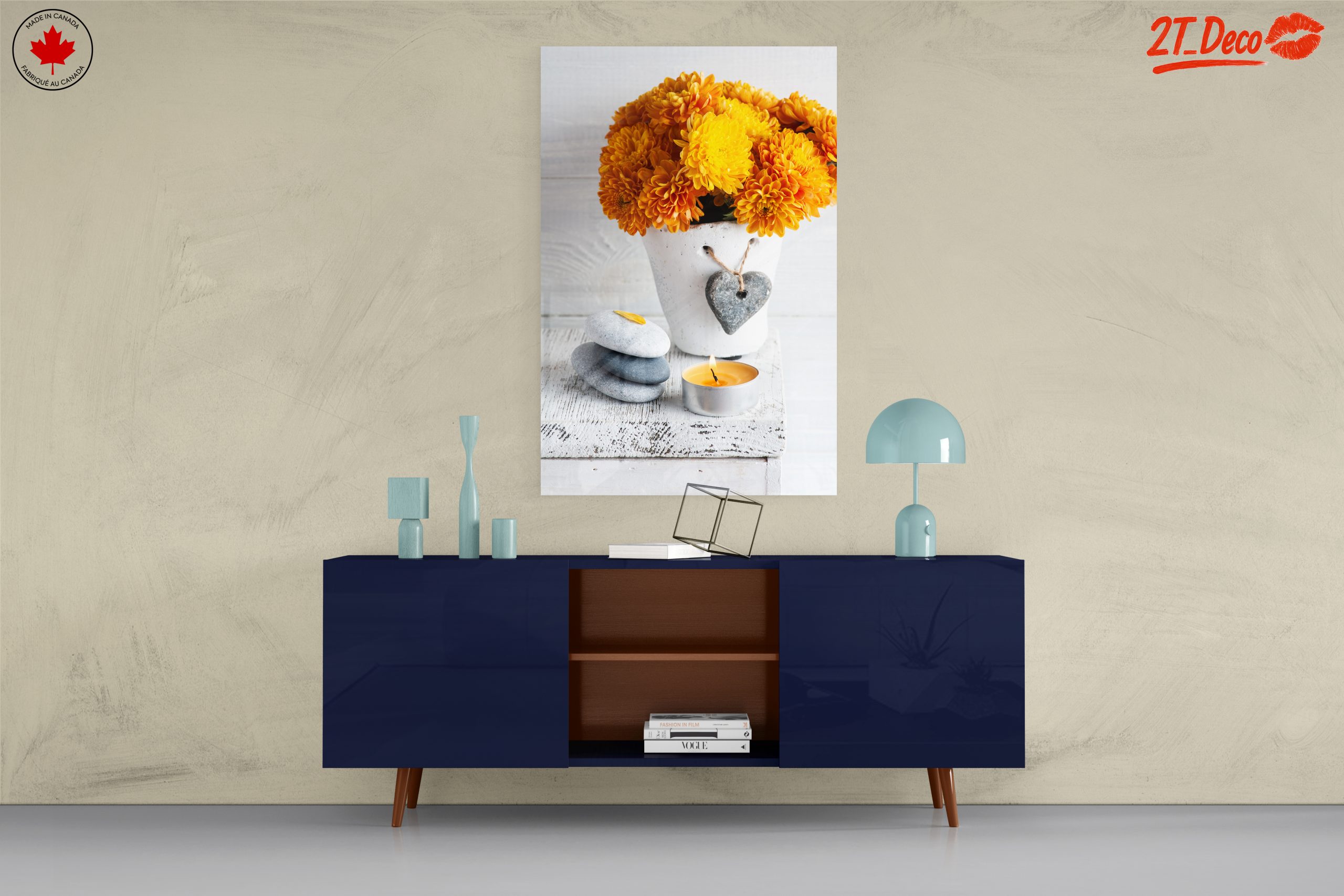 Vibrant Floral Still Life with Candle and Stones - Image 8