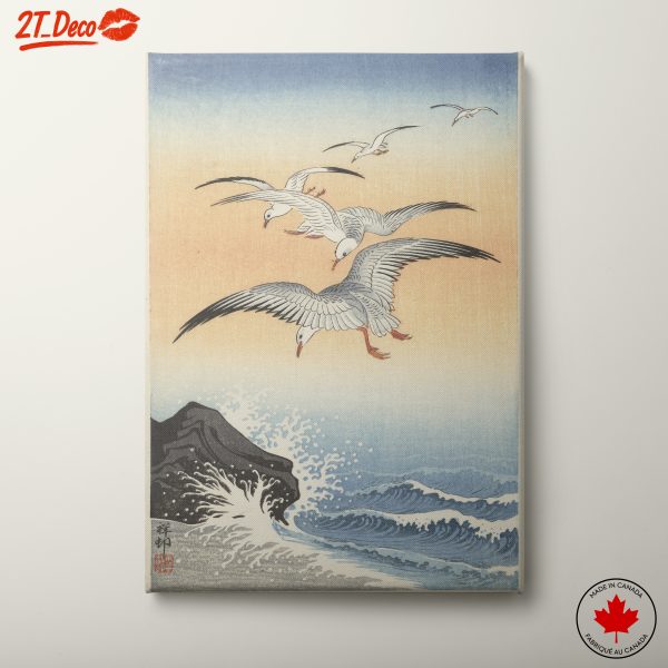 Seagulls in Flight Over Waves