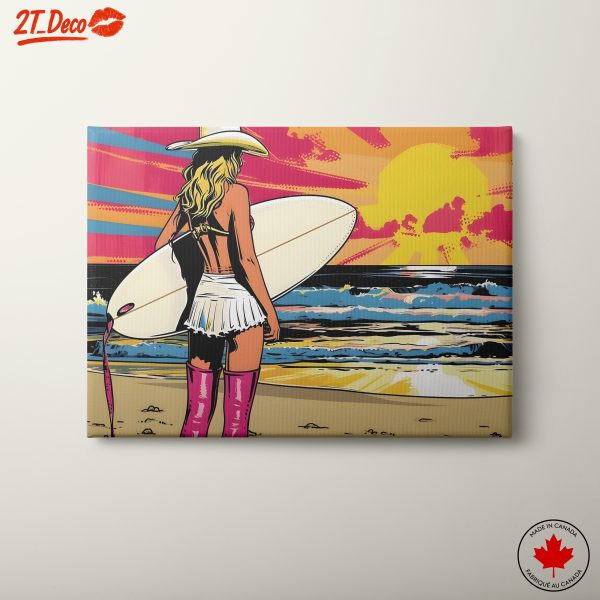 Vibrant Beach Surfing Artwork with Sunset