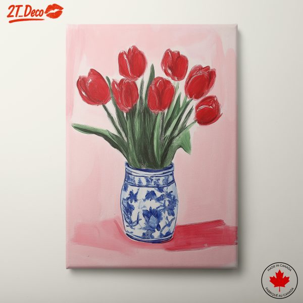 Red Tulips in a Blue and White Vase