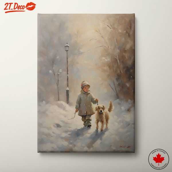Child Walking a Dog in Snow