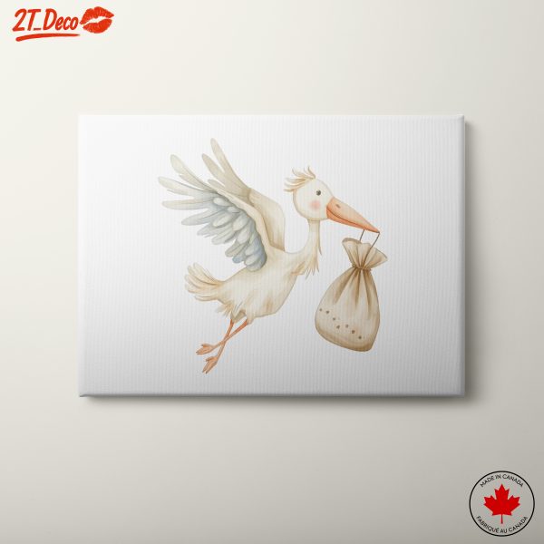 Whimsical Stork Carrying Baby Bundle