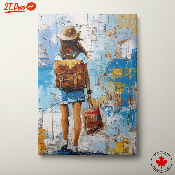 Woman with Backpack Against Colorful Background
