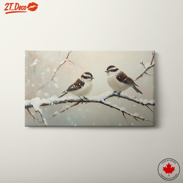 Pair of Sparrows on Snowy Branch