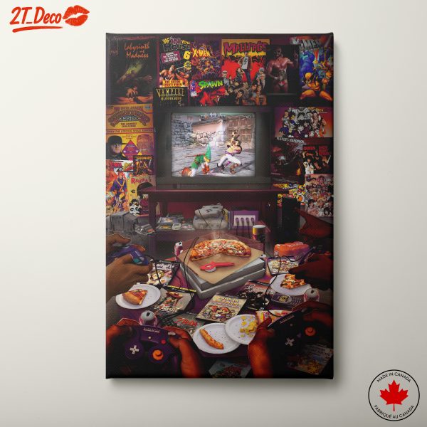 Retro Gaming Scene with Pizza and Consoles