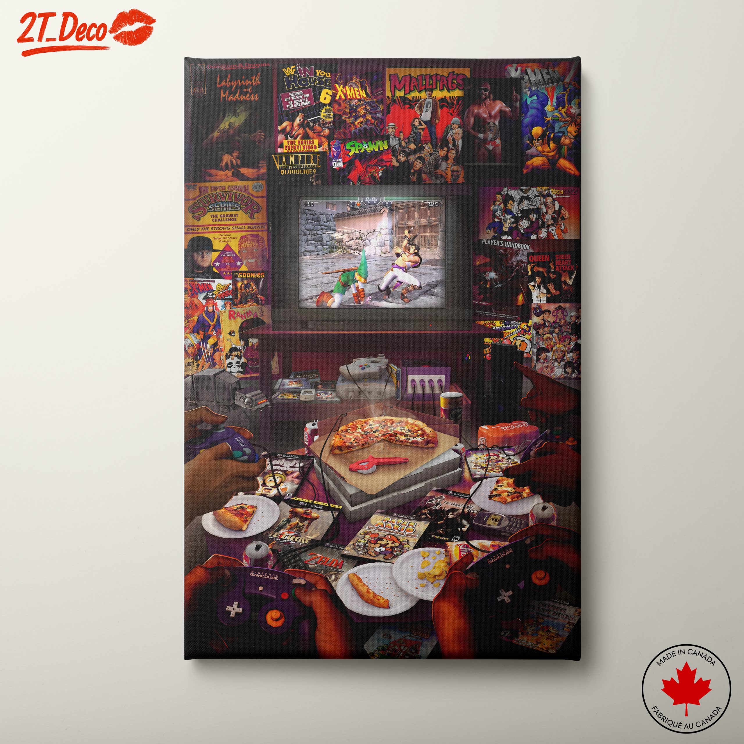 Retro Gaming Scene with Pizza and Consoles