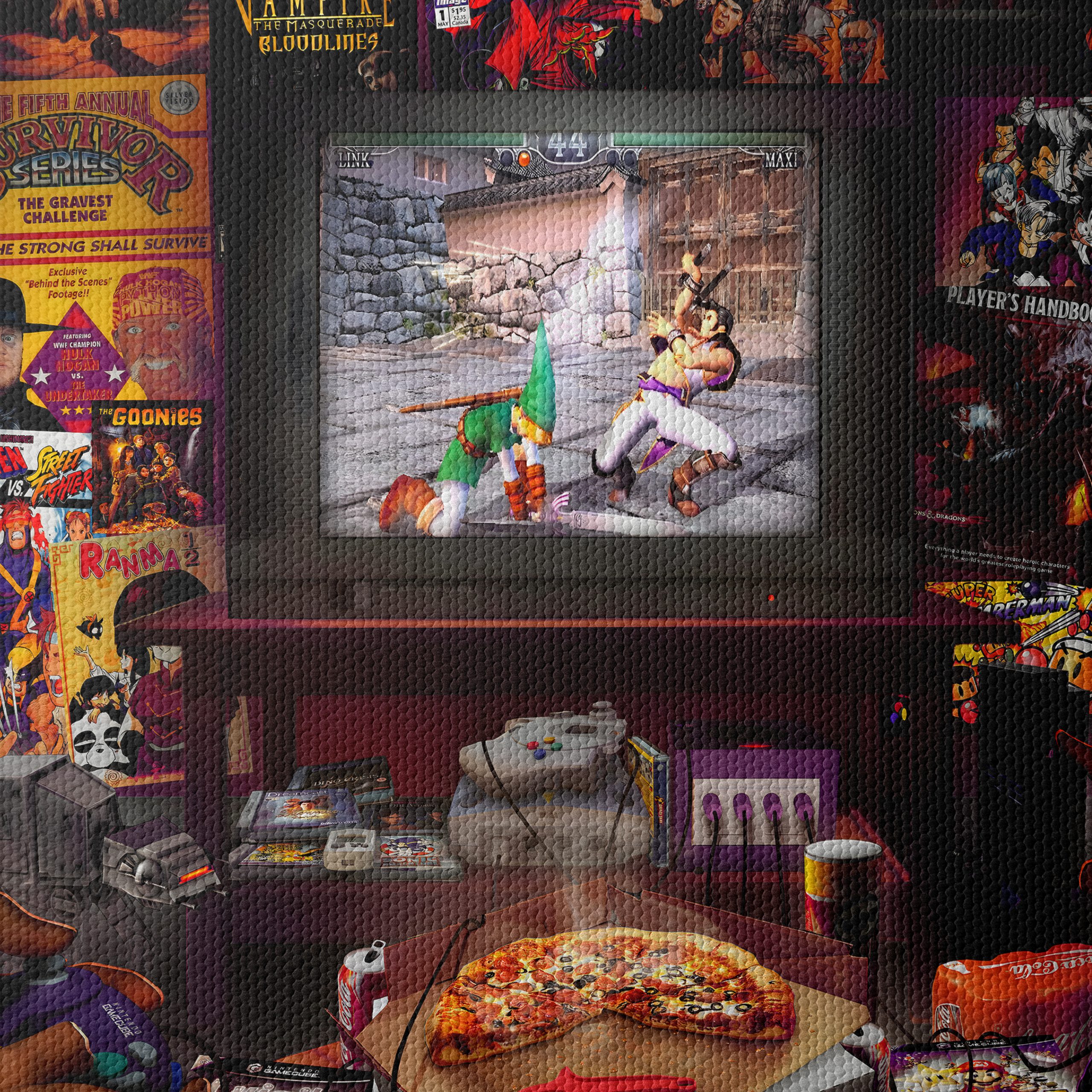 Retro Gaming Scene with Pizza and Consoles - Image 4