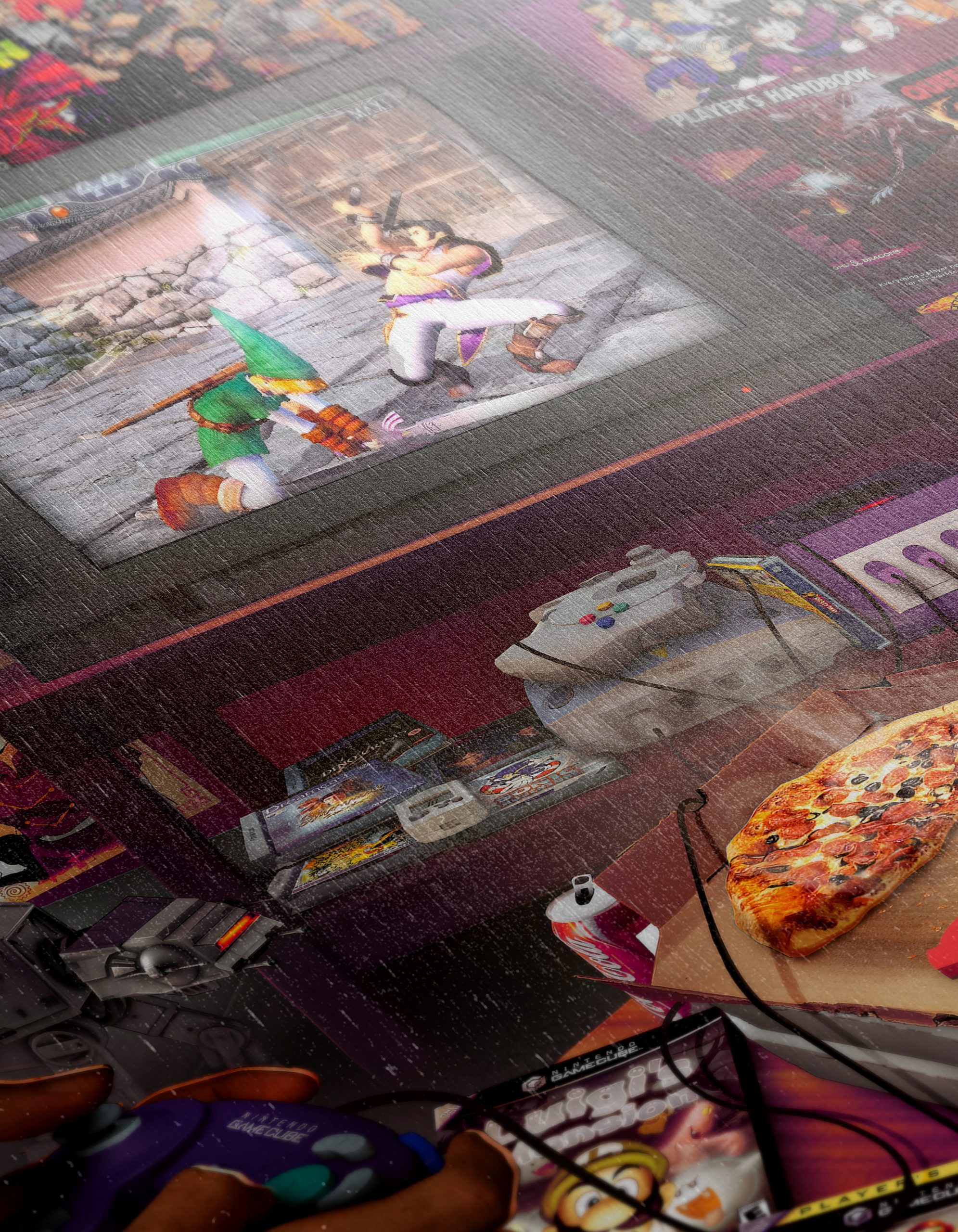 Retro Gaming Scene with Pizza and Consoles - Image 12