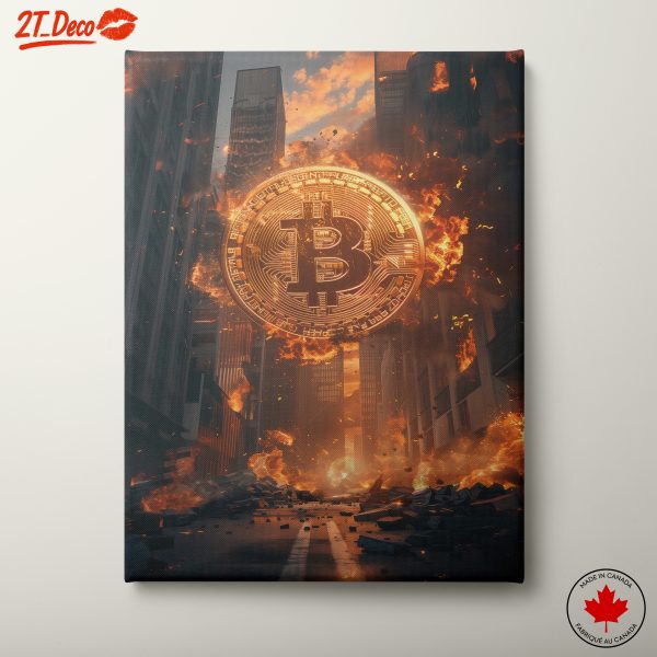 Fiery Bitcoin Symbol in Urban Landscape