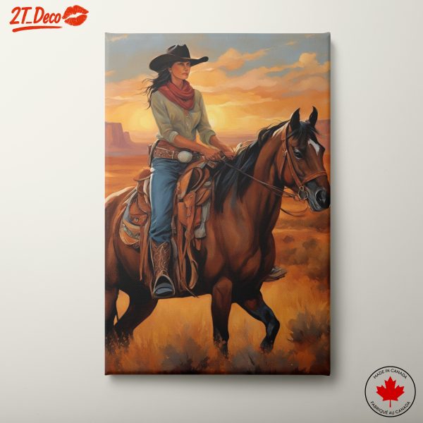 Cowgirl Riding Horse with Sunset Background