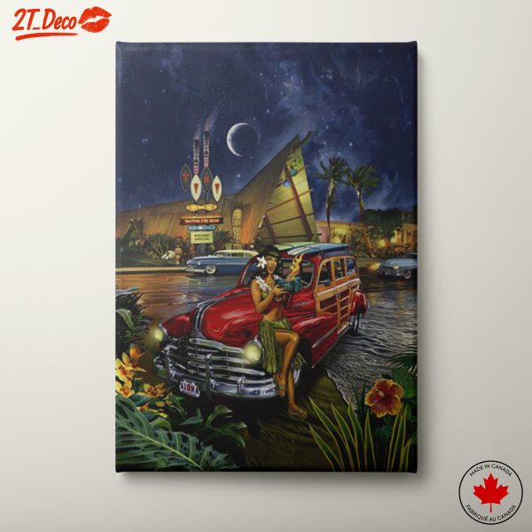 Tropical Vintage Art with Classic Car and Hula Dancer