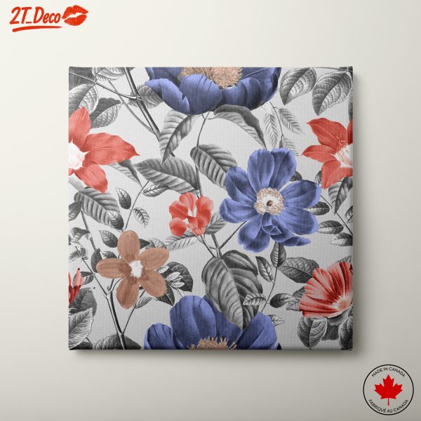 Colorful Botanical Leaf Artwork with Blue and Red Flowers