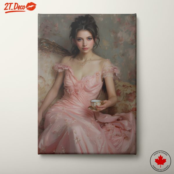 Elegant Woman with Tea Cup in Pink Dress