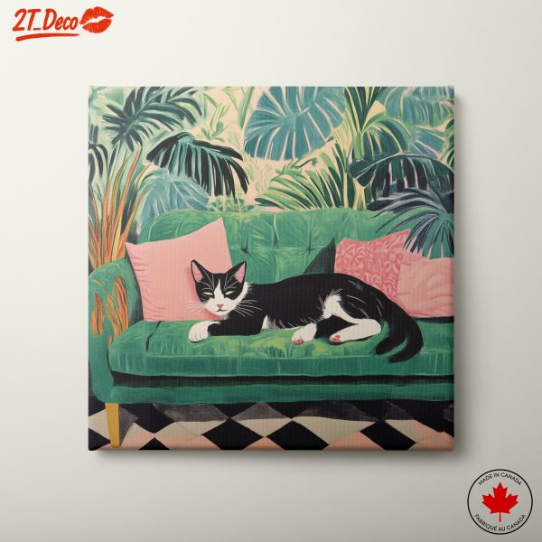 Charming Cat on a Green Couch Amidst Lush Plants