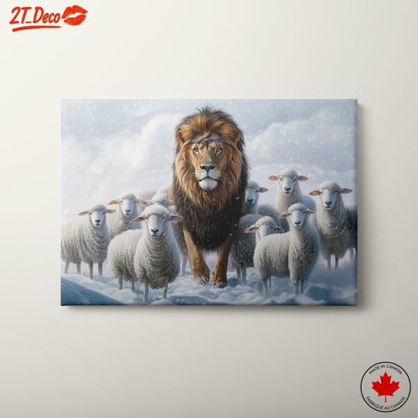Lion Surrounded by Sheep in Snowy Landscape