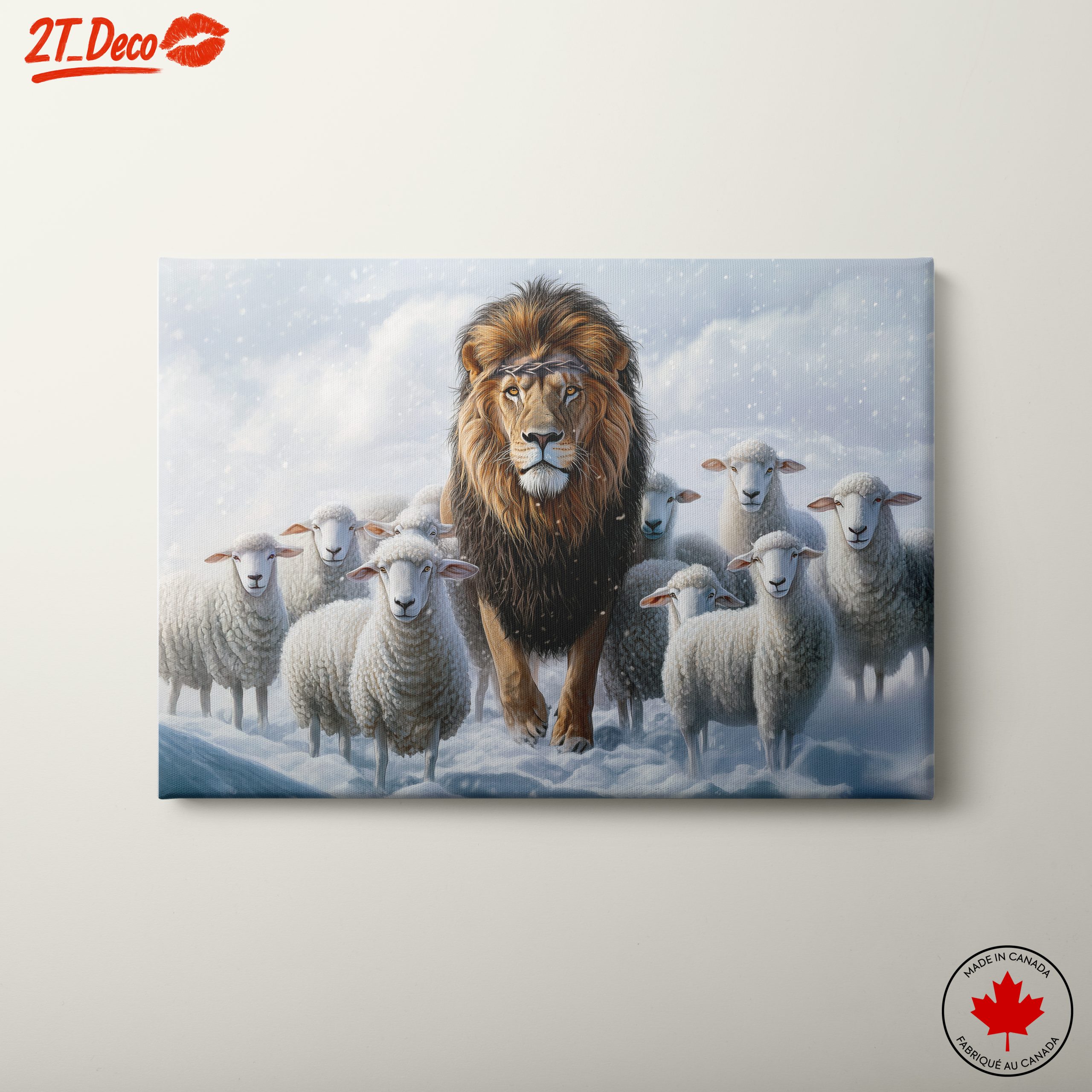Lion Surrounded by Sheep in Snowy Landscape