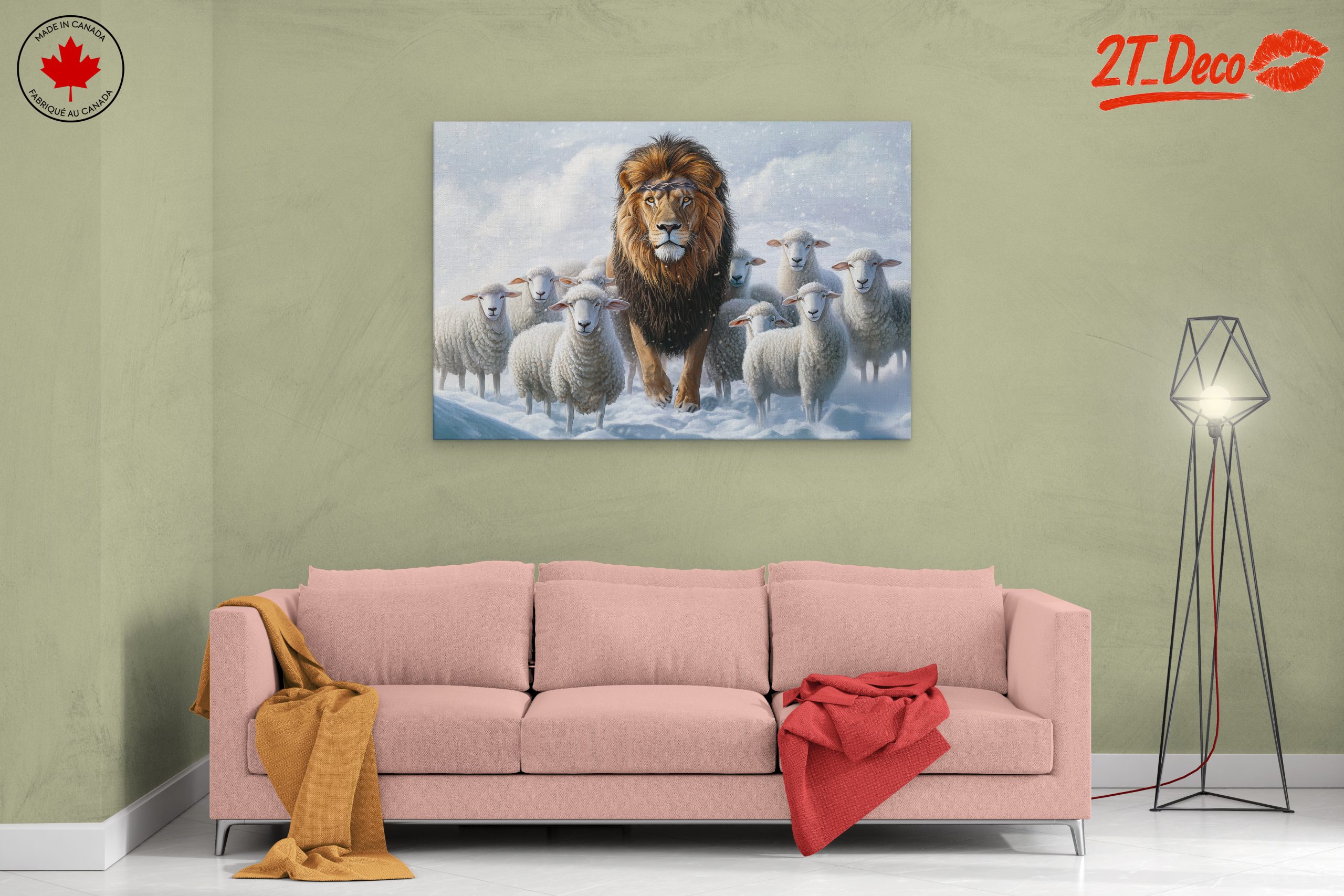 Lion Surrounded by Sheep in Snowy Landscape - Image 2