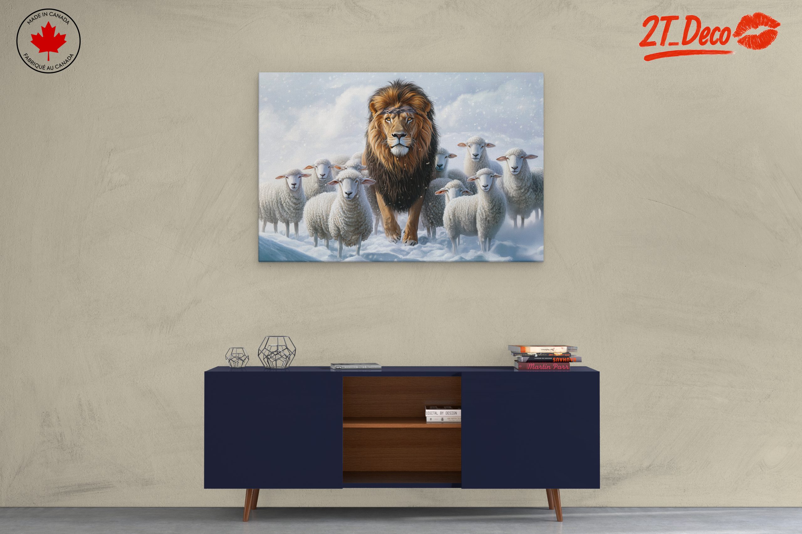Lion Surrounded by Sheep in Snowy Landscape - Image 3