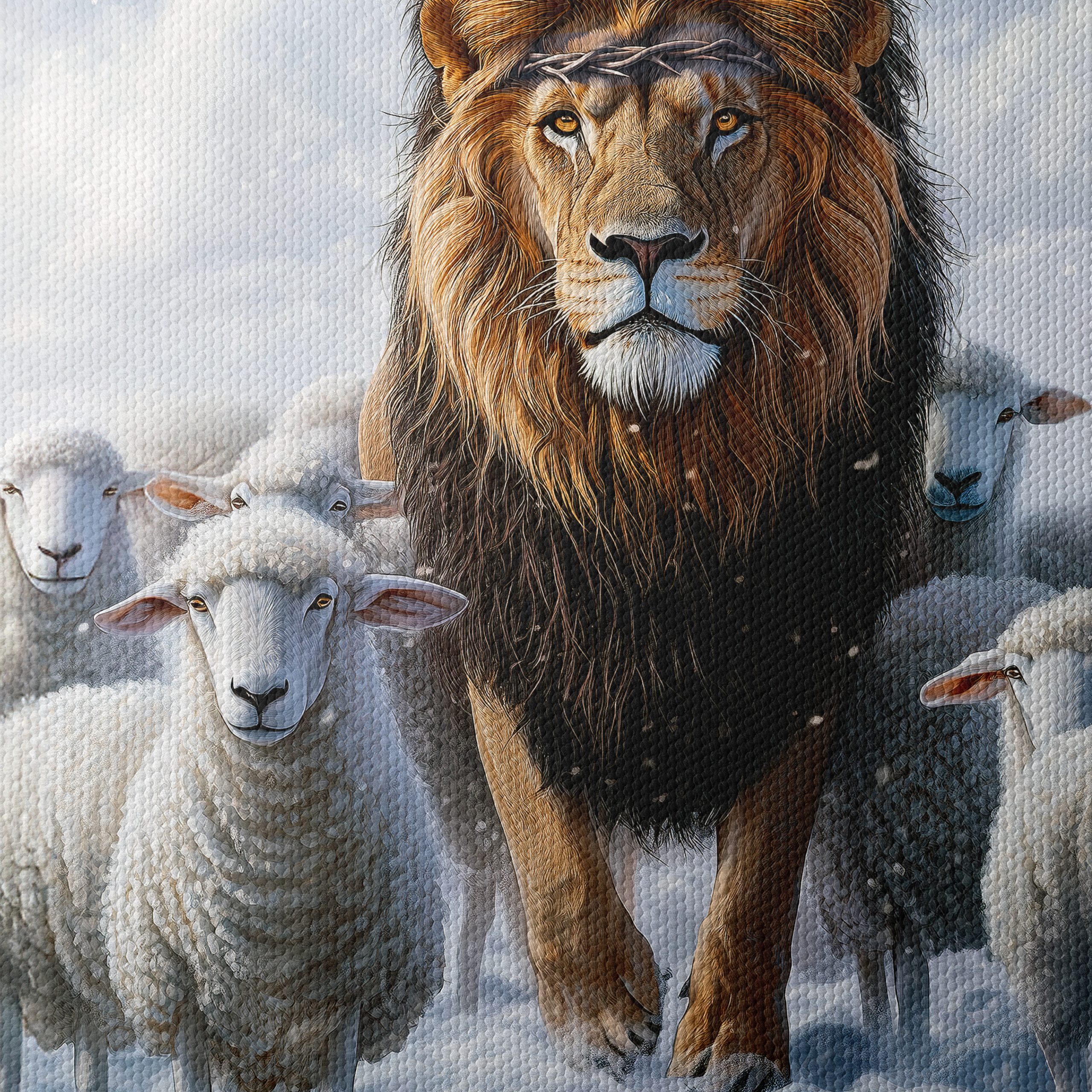 Lion Surrounded by Sheep in Snowy Landscape - Image 4