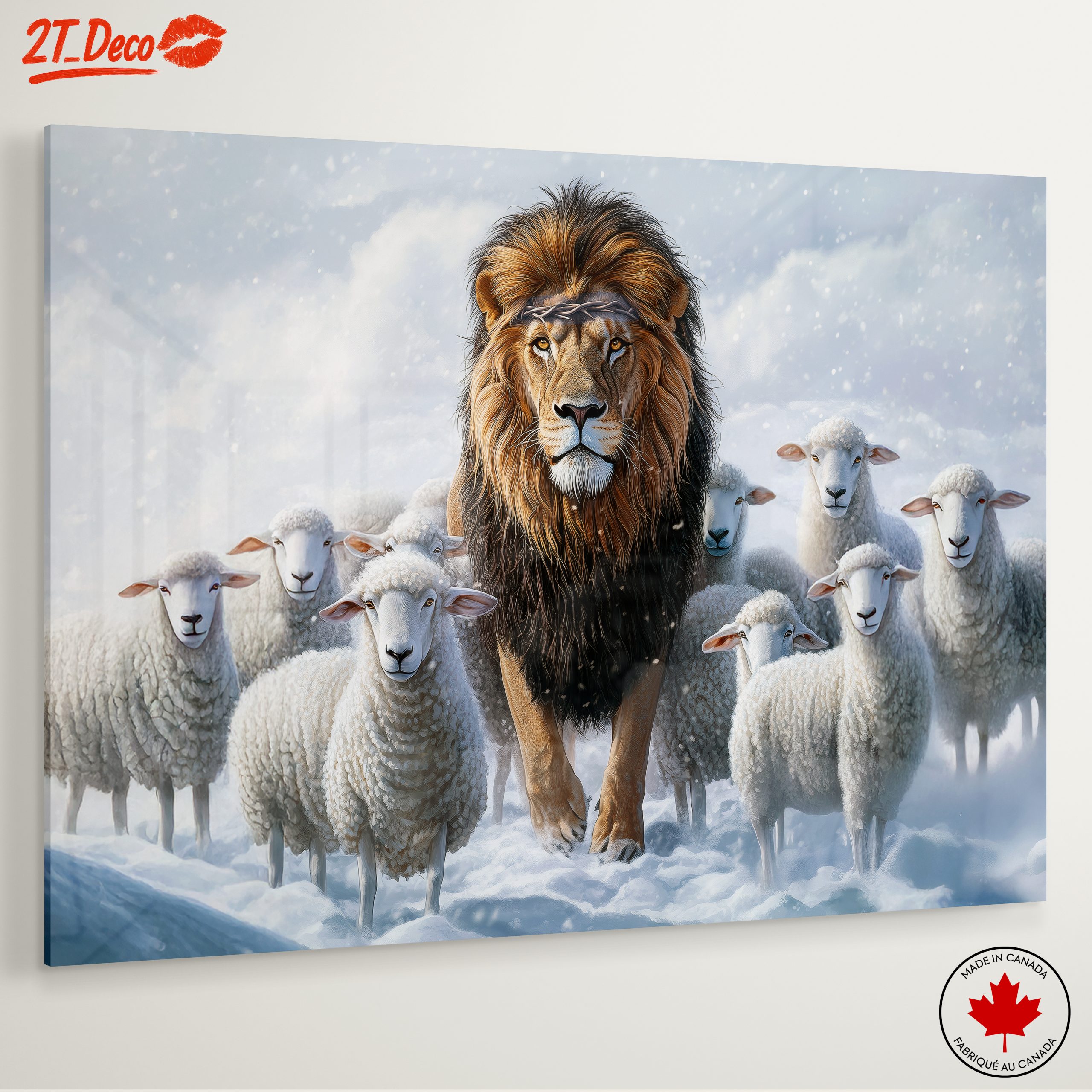 Lion Surrounded by Sheep in Snowy Landscape - Image 6