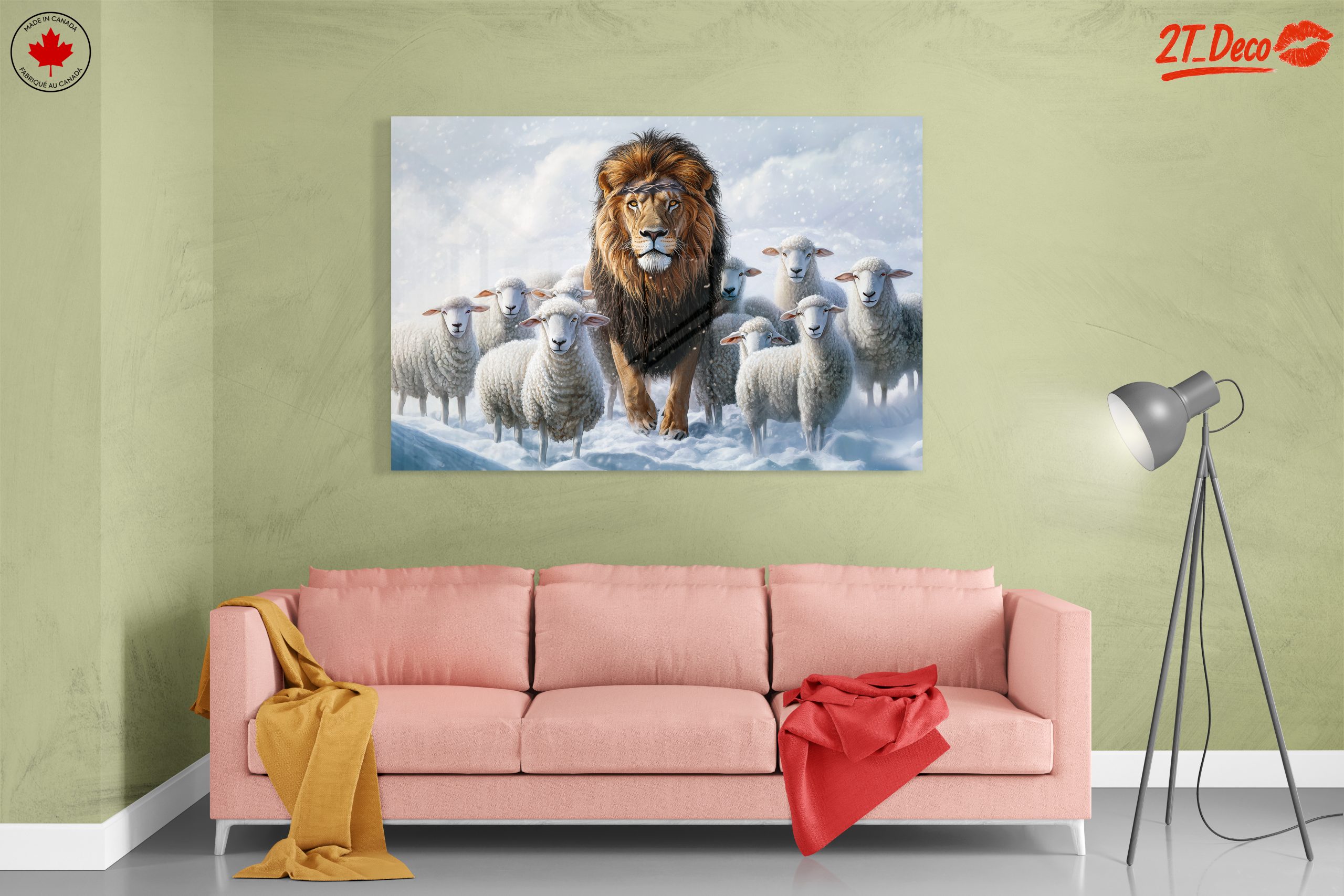Lion Surrounded by Sheep in Snowy Landscape - Image 7