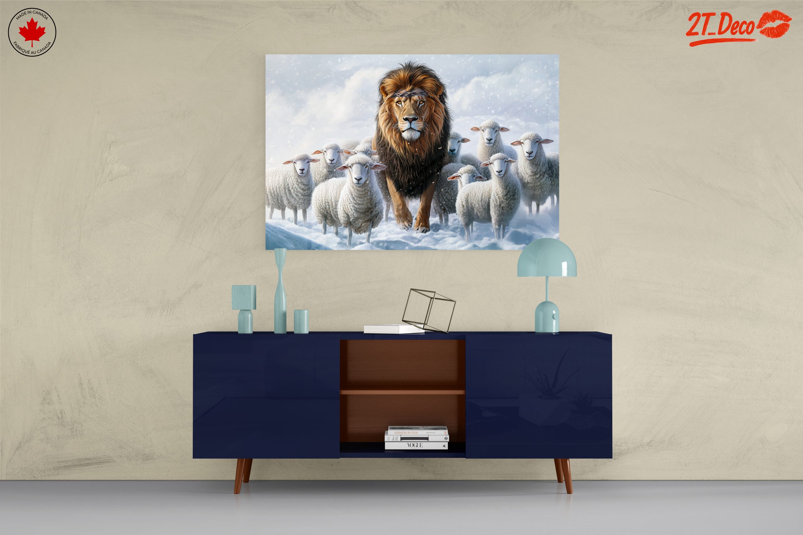 Lion Surrounded by Sheep in Snowy Landscape - Image 8