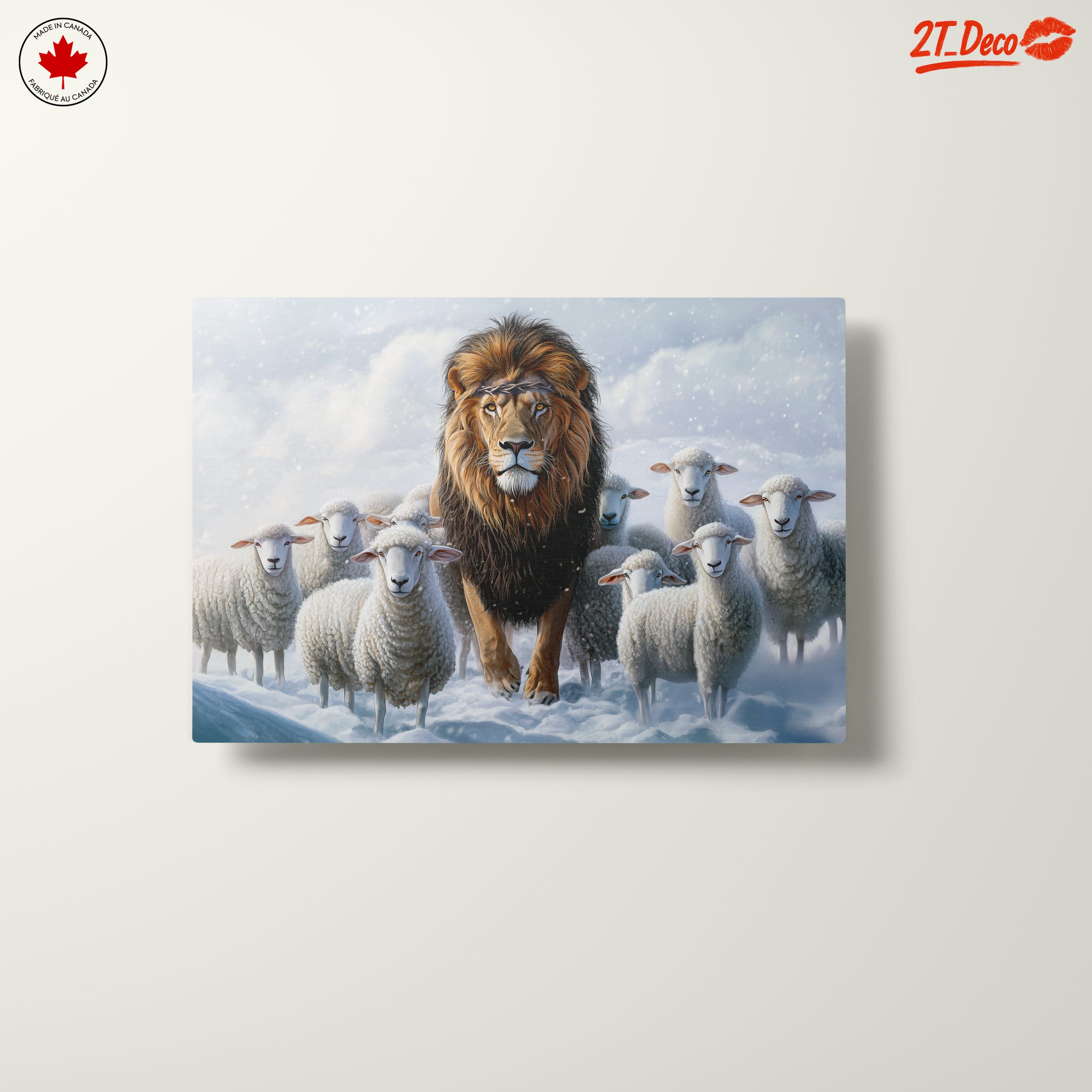 Lion Surrounded by Sheep in Snowy Landscape - Image 10
