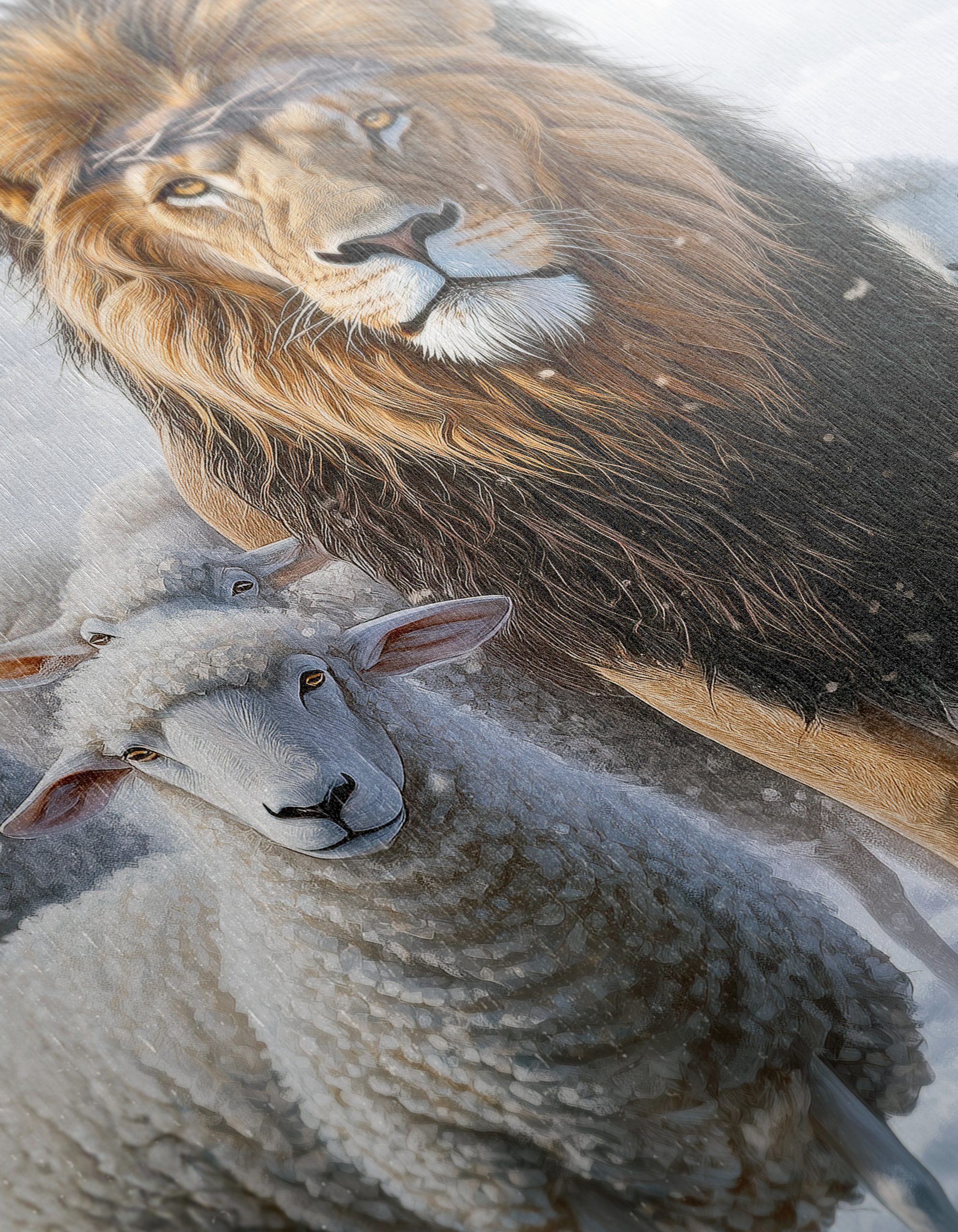 Lion Surrounded by Sheep in Snowy Landscape - Image 12