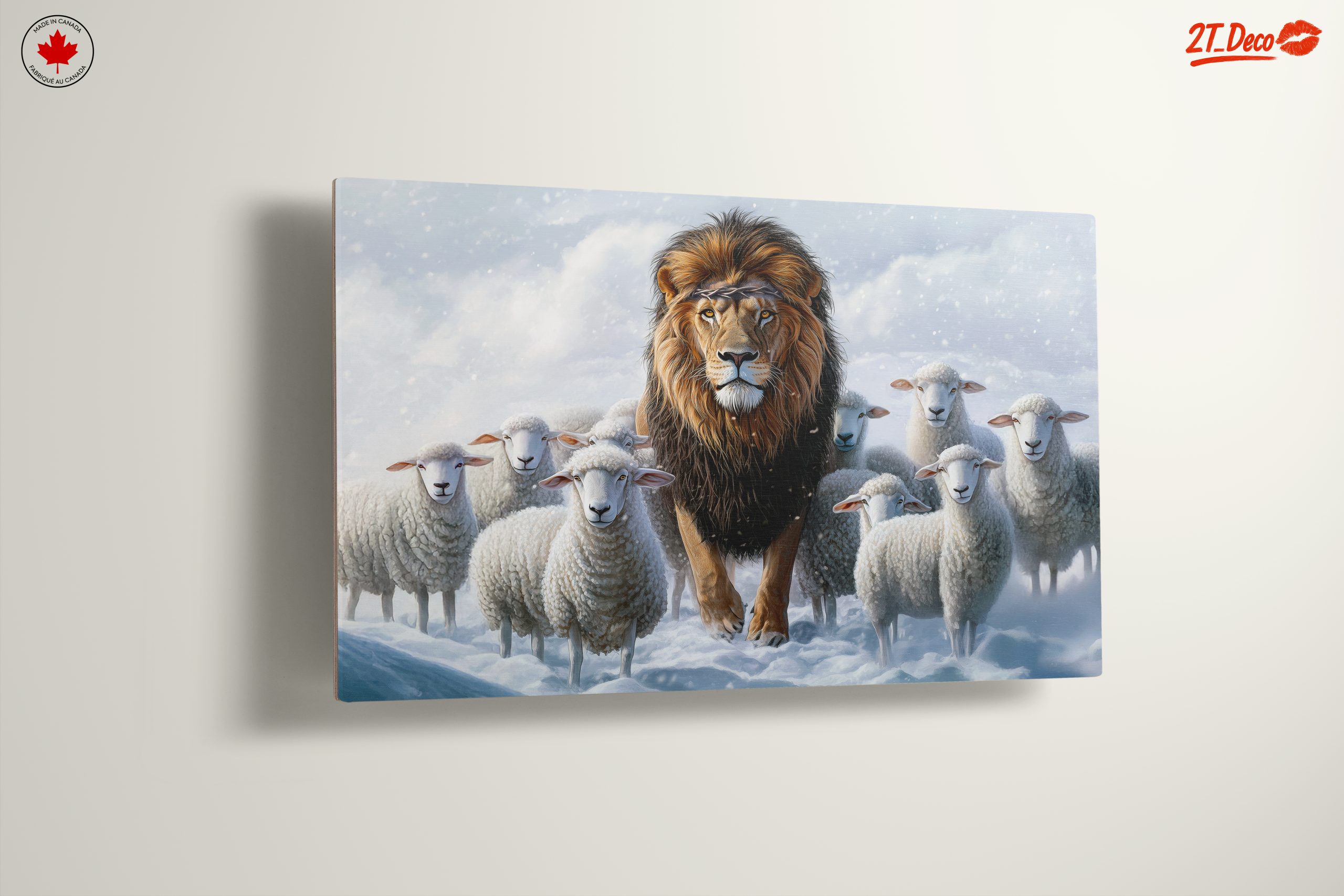 Lion Surrounded by Sheep in Snowy Landscape - Image 13