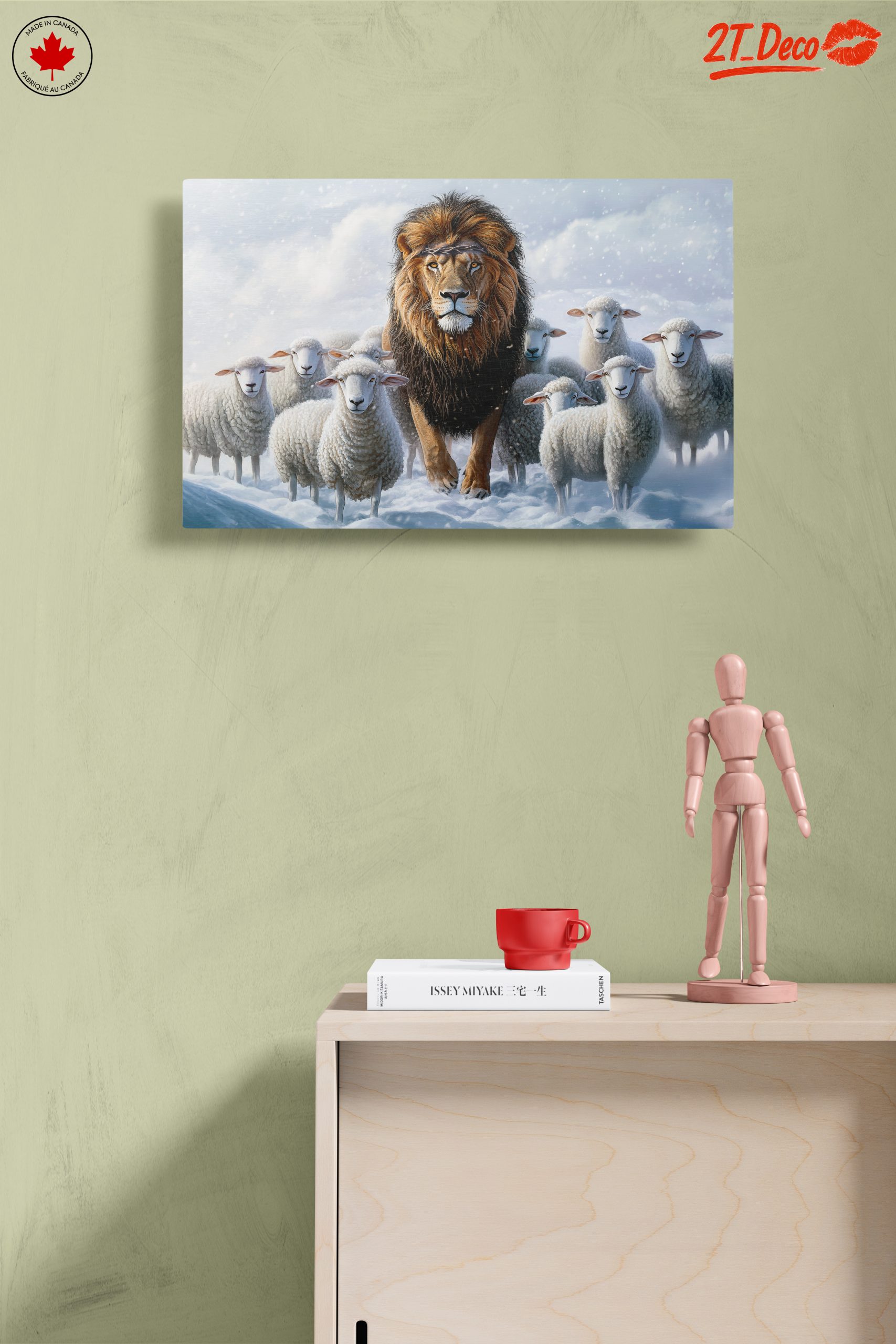 Lion Surrounded by Sheep in Snowy Landscape - Image 14