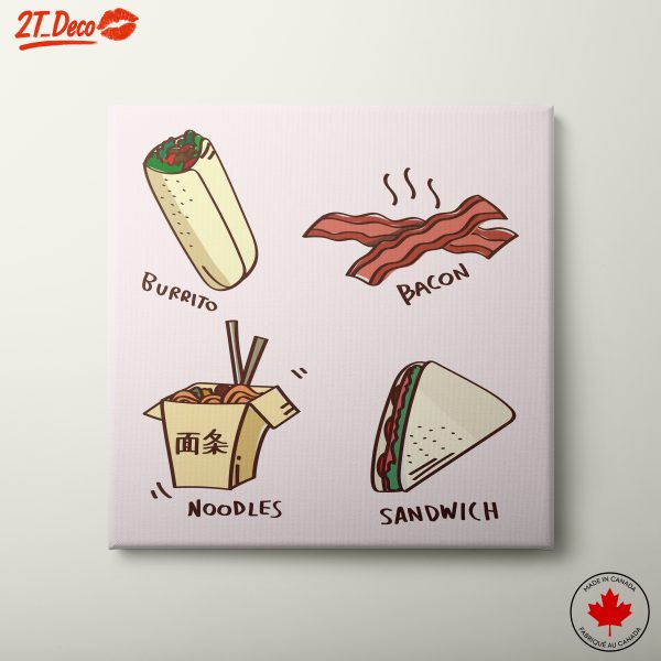 Playful Food Illustration of Burrito, Bacon, Noodles, and Sandwich