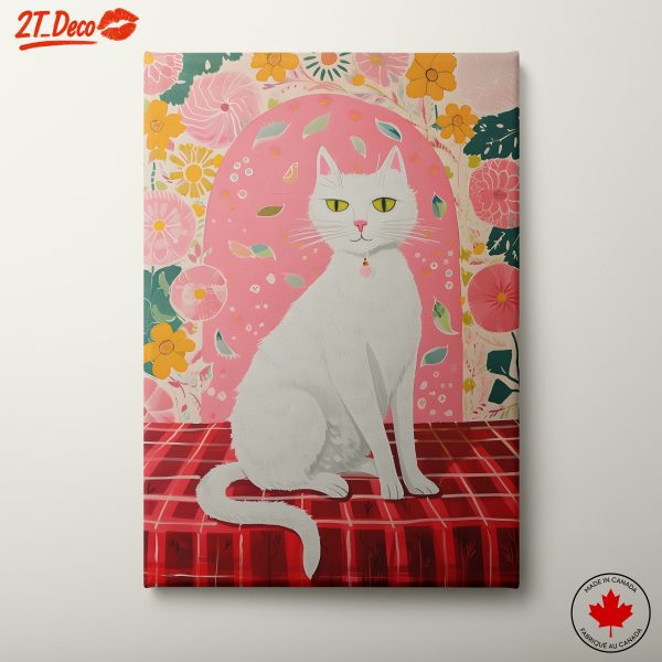 Stylized White Cat Art with Floral Background