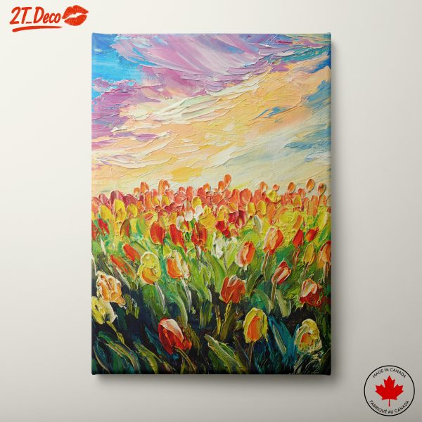 Vibrant Tulip Field Under Colorful Sky