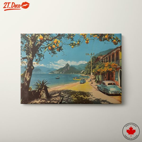 Colorful Coastal Scene with Classic Cars