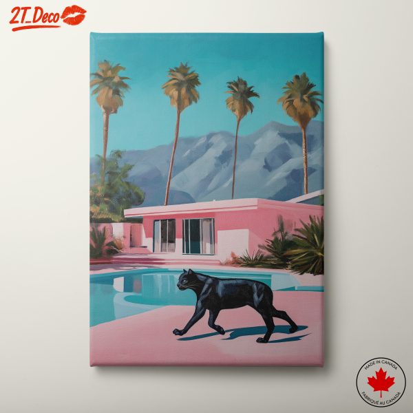 Black Cat in Vibrant Mid-Century Modern Pool Scene