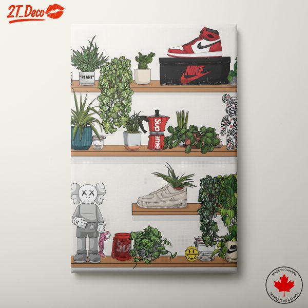 Contemporary Shelf with Plants and Sneaker Art