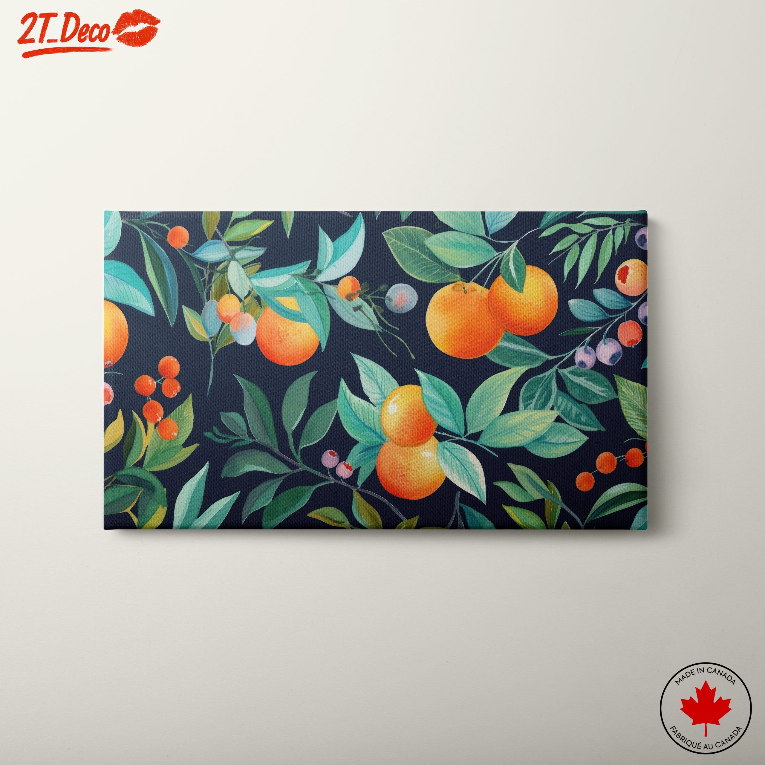 Vibrant Botanical Leaf Print with Oranges and Berries