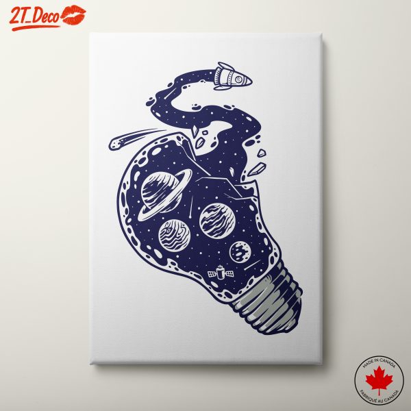 Cosmic Light Bulb Art Featuring Planets and Rockets