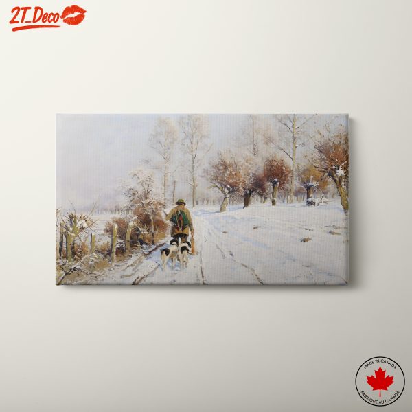 Man Walking Dogs in Winter Landscape Art