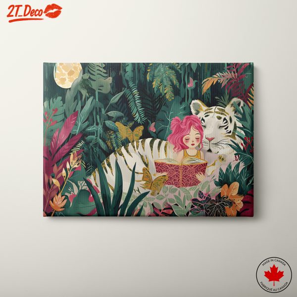 Girl Reading Beside a White Tiger