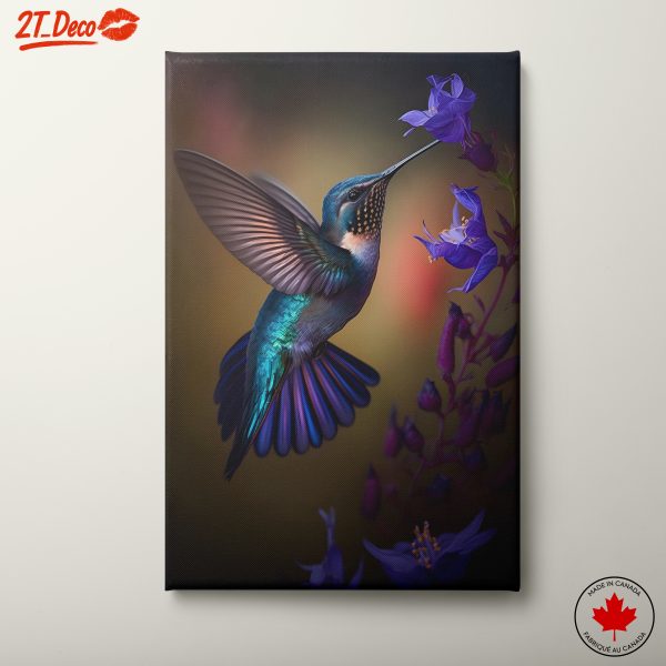 Colorful Hummingbird Feeding on Purple Flowers